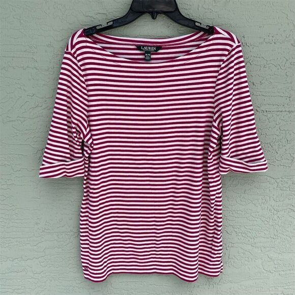 Lauren Ralph Lauren Women's XL Red & White Striped Knit Top 3/4 Sleeve - Picture 1 of 8